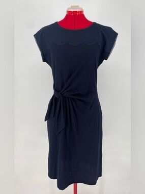 Talbots Navy 100% Cotton Eyelet Embroidered Knee Length T-Shirt Dress W/ Tie